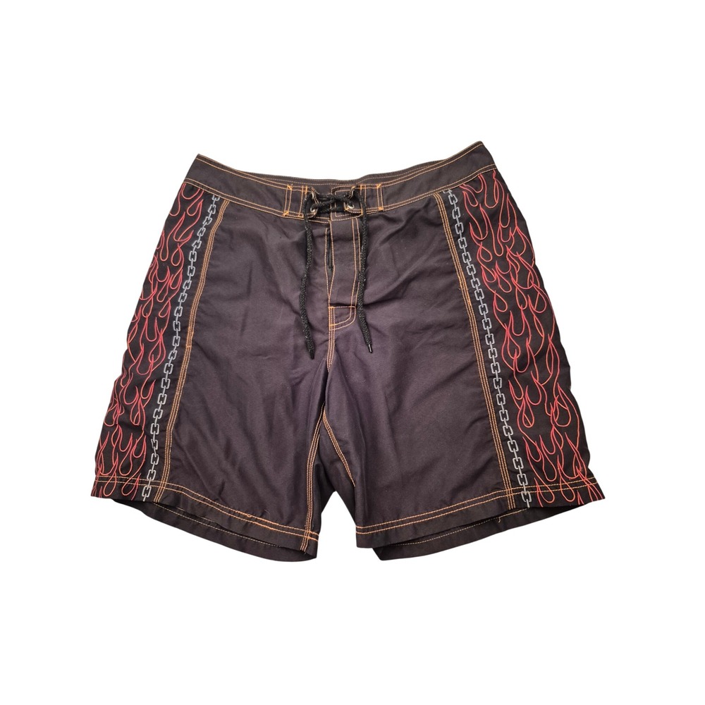 Harley-Davidson Tori Richard Mens Black Red Flame Chain Board Shorts Large VTG
